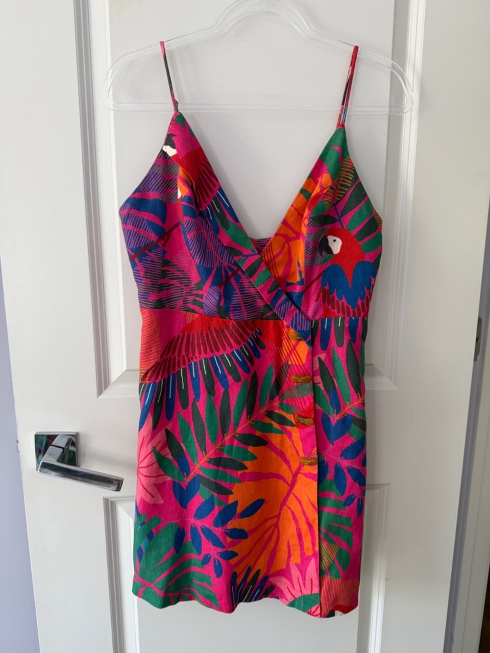 FARM Rio Parrot & Leaf Print Slip Dress - Pink, Orange, Green, Blue